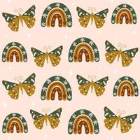 Cute boho trendy seamless vector pattern background illustration with colorful moth, rainbows and stars