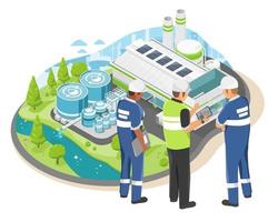 industrial ingeniero administración plan aguas residuales tratamiento proceso en fábrica planta ecología aguas residuales tratamiento para salvar mundo ecología y bajo emisión zona concepto dibujos animados símbolos isométrica vector