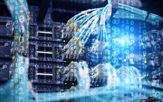 Binary code matrix digital internet technology concept on server room background. photo