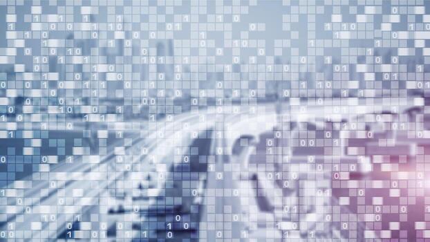 Digital code on blur city background. Abstract Binary code photo