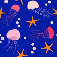 cute colorful hand drawn jellyfish seamless vector pattern background illustration with starfish