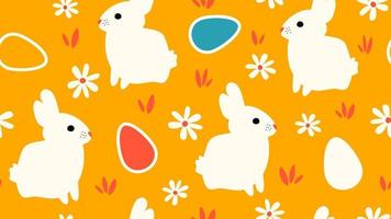 Cute easter seamless vector pattern illustration with colorful egg, white daisy flowers and rabbits on yellow background