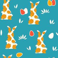 Cute easter seamless vector pattern illustration with colorful egg and rabbits with flowers on blue background