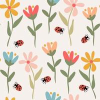 cute abstract simple seamless vector pattern background illustration with colorful flowers and red ladybug insects