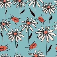 cute abstract simple seamless vector pattern illustration with colorful daisy flowers and red insects on blue background