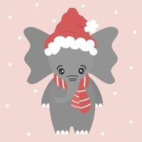 cute cartoon character baby elephant with red santa claus hat and scarf funny vector illustration for christmas holiday greeting card