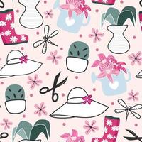 Cute lovely beautiful abstract seamless vector pattern background illustration with colorful plants, girly hats, scissors, dragonflies, rubber boots and flowers