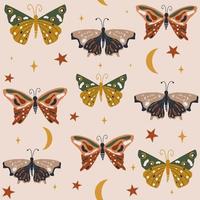 Beautiful boho trendy seamless vector pattern background illustration with cute colorful moth, moon and stars