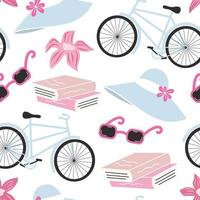 linda encantador hermosa resumen sin costura vector modelo antecedentes ilustración con vistoso bicicletas, femenino sombreros, Gafas de sol, libros y flores