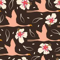 Cute colorful seamless vector pattern illustration with flying flamingos and hibiscus flowers on brown background