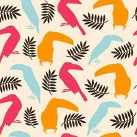 Cute colorful hand drawn toucan birds and leaves seamless vector pattern illustration on beige background