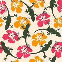 hand drawn cute seamless vector pattern background illustration with colorful hibiscus flowers and green lizard silhouette