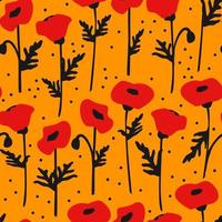 cute hand drawn red poppy flowers on yellow background colorful abstract seamless vector pattern illustration