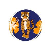 Cute logo or icon vector with tiger and yellow hibiscus flowers illustration on circle with brush texture, for social media story and highlights
