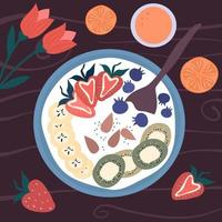 cute top view cartoon vector illustration with breakfast smoothie bowl with fruits, flowers and orange juice on wooden table