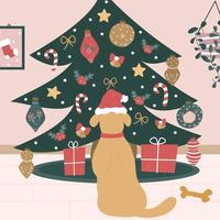 Cute cartoon colorful hand drawn holidays vector illustration with ornate christmas tree, gift boxes and dog with santa claus hat