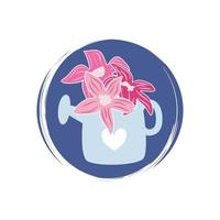 Cute logo or icon vector with colorful flowers bouquet, and watering can illustration on circle with brush texture, for social media story and highlight