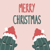 cute hand drawn lettering merry christmas winter holiday greeting vector card illustration with funny cartoon character cacti with santa claus hat