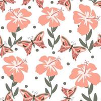 cute hand drawn abstract seamless vector pattern background illustration with pink hibiscus flowers, butterflies and dots