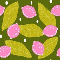 cute colorful contemporary seamless vector pattern background illustration with abstract green leaves and pink lemons