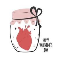 cute hand drawn lovely lettering happy Valentines day romantic text with human heart inside mason jar concept greeting card vector illustration