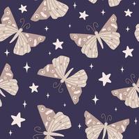 Beautiful boho trendy seamless vector pattern background illustration with cartoon moth and stars