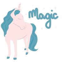 cute hand drawn lettering magic word with adorable beautiful cartoon character pink unicorn vector illustration