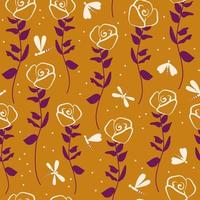 cute hand drawn rose flowers on mustard color background and dragonflies abstract seamless vector pattern illustration