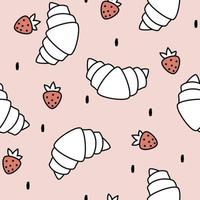 Cute lovely cartoon delicious black and white croissant with red strawberries seamless vector pattern illustration on pink background