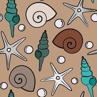 cute abstract modern seamless vector pattern illustration with seashells and starfishes on pastel brown background