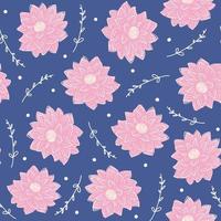 cute colorful trendy abstract seamless vector pattern illustration with beautiful pink flowers and white branches and leaves on blue background