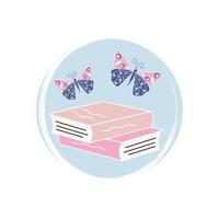 Cute logo or icon vector with white books and colorful butterflies illustration on circle with brush texture, for social media story and highlight