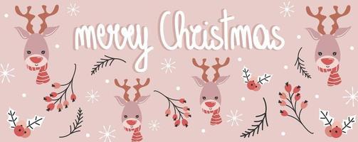 cute holidays vector design horizontal banner template with hand drawn lettering merry christmas text, cartoon character reindeer, branch with berries, holly, snow and snowflakes on pink background