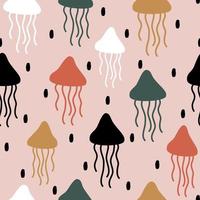 cute hand drawn abstract seamless vector pattern design illustration with colorful jellyfish silhouettes and black confetti on pink background