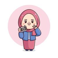 Cute hijab girl with camera and peace sign female photographer kawaii chibi cartoon flat character vector