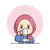 linda hijab niña es Bebiendo café o té plano personaje ilustración kawaii chibi vector