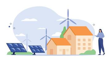 Modern Eco Private House with Windmills and Solar Energy Panels. Cartoon characters living healthy lifestyle. Renewable energy and smart technology concept. Vector Illustration.