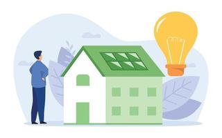 Green energy  illustration concept.   Characters showing eco private house. Renewable energy concept. Vector illustration.