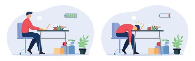 Male office worker with high and low battery. Happy and exhausted man at workplace. Vector Illustration.