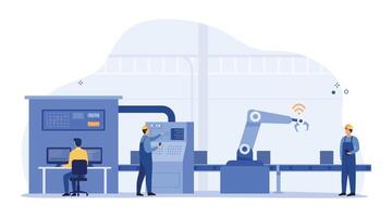 A production line with workers, smartphone robots, automation and user interface concept. Vector illustration for business, production, machine technology. Smart Industry.