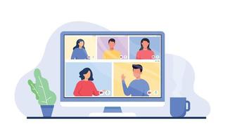 Colleagues talk to each other on the computer screen. Conference video call, working from home, Virtual work meeting. Vector illustration.