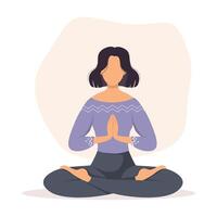 Girl in yoga lotus pose at home.  Young and happy woman meditates.Vector illustration. vector