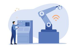 Smart intelligence technology in industrial factory. Engineer using computer and wearing app on a smartphone and smart automated production line with workers and robots. Vector illustration.