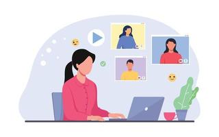 Video call concept. Vector flat modern illustration of a young pretty woman  talking to friends  on a video call on his laptop. Isolated on background.
