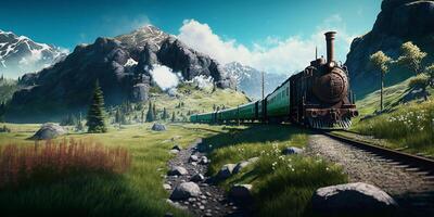 Ancient Trains Passes In a vast meadow with Mountains in the background, photo