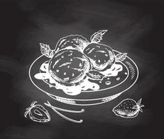 A hand-drawn sketch of an ice cream balls in a plate with chocolate sauce, vanilla pods, strawberries isolated on chalkboard background. Vintage illustration. vector