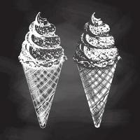 Hand-drawn sketch of a waffle cone with frozen yogurt or soft ice cream isolated on chalkboard background, white drawing. Vector vintage engraved illustration