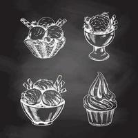 A hand-drawn sketch of ice cream or frozen yoghurt in cups  isolated on chalkboard background. Vintage illustration. Set. Element for the design of labels, packaging and postcards. vector