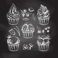 A hand-drawn sketch of ice cream balls, frozen yoghurt or cupcakes in cups isolated on chalkboard background. Blueberries, strawberries, vanilla pods, chocolate. Set. Vintage illustration. vector