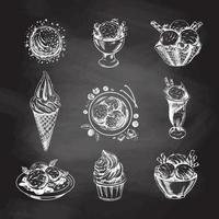 A hand-drawn sketch of ice cream or frozen yoghurt in cups and cones isolated on chalkboard background. Vintage illustration. Set. Element for the design of labels, packaging and postcards. vector